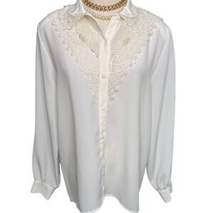 Kathy Che vintage beaded lace collar secretary blouse white size 12 large